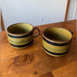 Striped Green and Brown Ceramic Soup Mugs